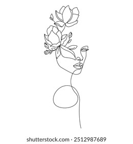 Silueta de mujer con dibujos de arte de línea de flores. Plantilla de estilo con silueta femenina floral. Mujer con flores de moda Minimal Line Art Illustration. Cara femenina para la belleza, diseño de moda	