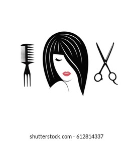 Woman silhouette with Hairdressing equipment icons for barber salon. Vector