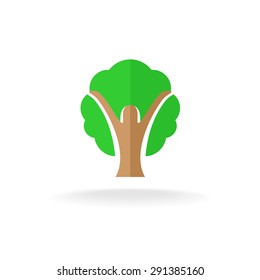 Woman Silhouette With Hands Up And Tree Crown. Flat Style Design Logo.