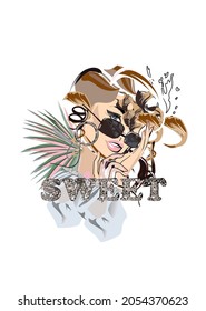 Woman silhouette in hat with flowers, diamond print, in lines. Female style.Handwritten lettering quote, slogan or saying. Hand drawn vector illustration. 
