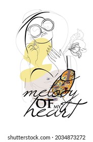 Woman silhouette in hat with flowers, mosaic print, in lines. Female style.Handwritten lettering quote, slogan or saying. Hand drawn vector illustration. 