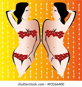woman silhouette hearts brunette triangle background vector illustration