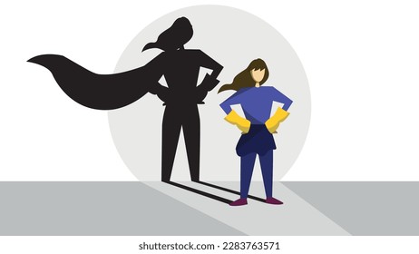 Woman silhouette with hero shadow behind her vector illustration