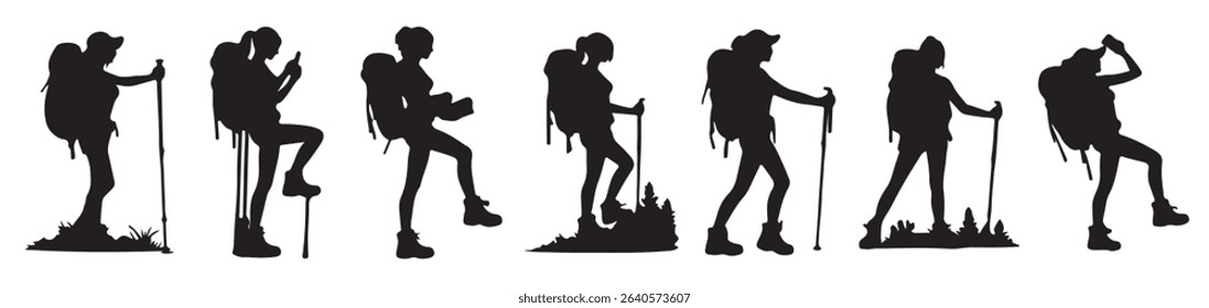 woman silhouette hiking vector illustration