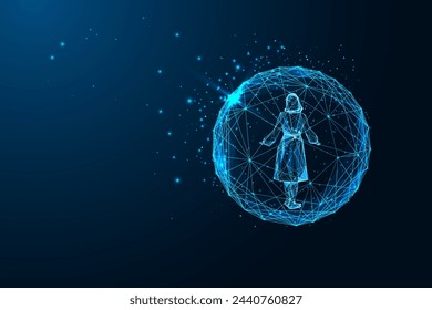 Frau Silhouette innerhalb der leuchtenden Kugel. Innovation, ätherische Anmut in der virtuellen Realität und digitale Transformation futuristisches Konzept in leuchtendem Stil auf blauem Hintergrund. Moderne Vektorgrafik.