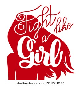Woman silhouette with lettering fight like a girl. Feminist power. Feminism concept. Vector illustration red and white colors. Minimalism graphic. Double exposure. For poster, sticker, card, placard.