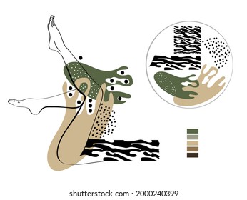 Woman silhouette. Line art. Contemporary abstract. Collage of geometric shapes in a modern trendy style. Beauty Concept, brochure design, wall decoration, poster. Wild texture. Graphic design