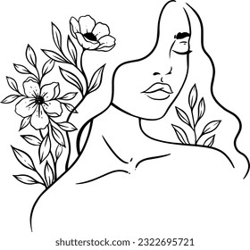 Woman silhouette line art, Girl with flower, Attractive brunette girl with big beautiful bouquet of flowers