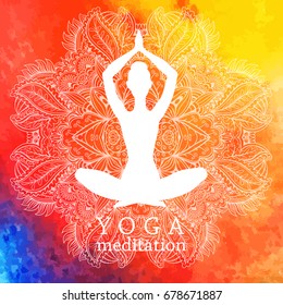 Woman silhouette in lotus yoga pose  on decorative mandala ornament and colorful watercolor background, vector illustration for design.