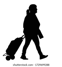 Woman silhouette with luggage on white background, vector illustration