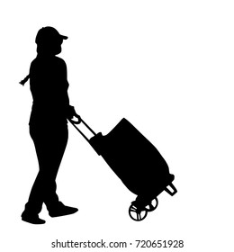 Woman silhouette with luggage on white background, vector illustration