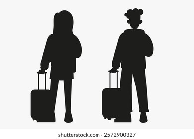 Woman and silhouette man traveling with suitcase hand drawn