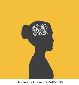 Woman silhouette with messy line in her head - metaphor of chaotic, rapid, racing thoughts. Poster of concentration difficulty, anxiety disorder