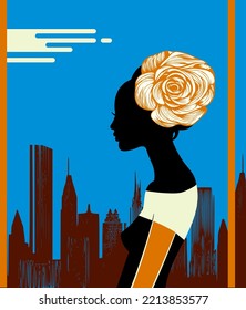 Woman silhouette near window against skyscrapers, blue sky, minimalist flat style vector illustration