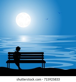 woman silhouette on  bench in the night with full moon