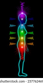 Woman silhouette on the black background with shining chakras