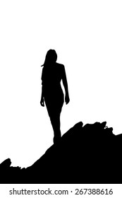 Woman Silhouette On A Mountain Cliff - Vector