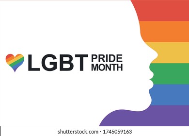 Woman silhouette on the rainbow LGBT flag with text pride month and colorful heart. Girl white silhouette with copy space for text or design. Pride and LGBT concept. Flat vector illustration