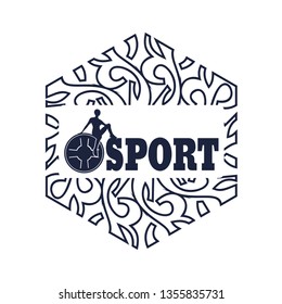Woman silhouette on sport text. Rod pancake silhouette. Bodybuilding club emblem