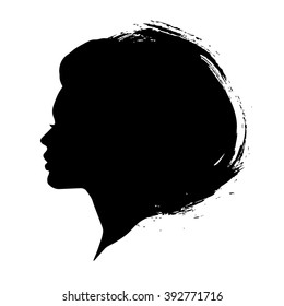 Woman silhouette on a white background. Black ink brash face profile in vector