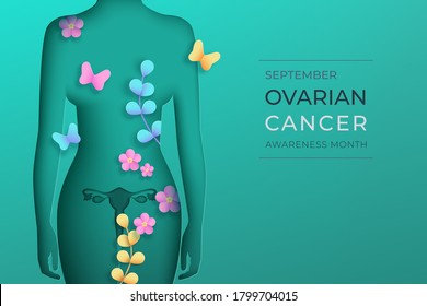 Woman silhouette in paper cut style with shadow on a teal background. September is world Ovarian Cancer awareness month. Front view woman, flowers, branches, butterflyes. Vector illustration.