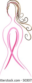 Woman Silhouette With Pink Ribbon. Breast Cancer Concept