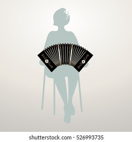 Woman silhouette playing bandoneon. Traditional tango musical instrument. 