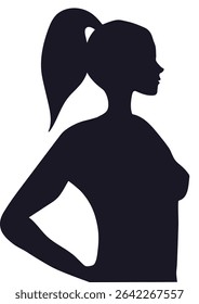 Woman silhouette with ponytail, half body side profile for fitness, health, and beauty concepts on transparent background.