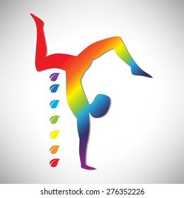 Woman silhouette practice yoga stand on hands with symbols of seven charkas