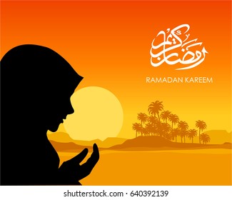 A Woman silhouette pray in ramadan with sunset coconut tree, afternoon sky, and sun background