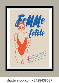 Woman silhouette print poster design template in a frame. Hand drawn minimal design for wallpaper, wall decor, print, postcard, cover, template, banner.