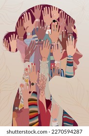 Woman silhouette in profile with inside group hands raised of women of diverse culture. Anti-racism racial equality and sisterhood concept. Allyship. Feminism.Women s community.Women s day