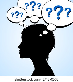 Woman silhouette with question marks in mind bubbles isolated on light blue background