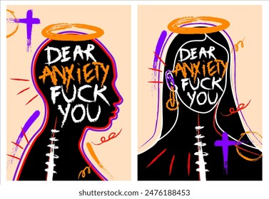 Woman silhouette with quote in her head. Poster of concentration difficulty, anxiety disorder in chaotic style