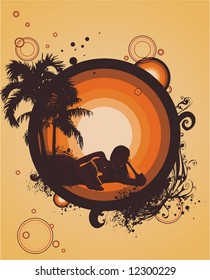 a woman silhouette relaxing under palm trees