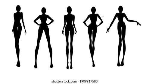 Conjunto de siluetas para mujeres, modelos, vector, ilustración de moda aislada en el fondo blanco
