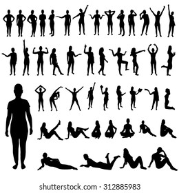 Woman silhouette set. Silhouette woman pose illustration. Sport and yoga shape set vector