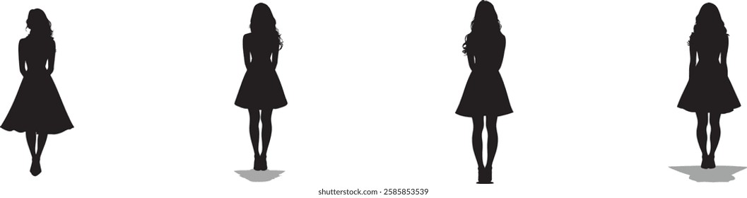 Woman Silhouette Set, Various Poses on White Background, Vector Illustration