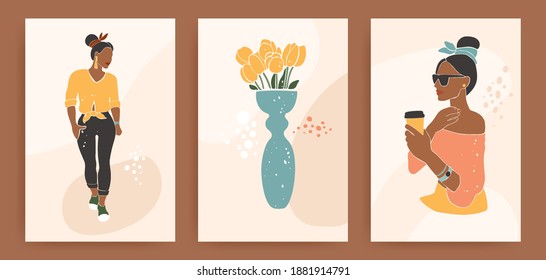 Woman silhouette shape in abstract and minimalism style. Fashion girl drinking coffee. Collection of posters, vase with tulips in terracotta and pastel colors. Contemporary art vector illustration.