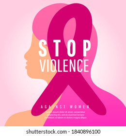 Woman silhouette side view and creative text stop violence on pink background. Design illustration for poster with text