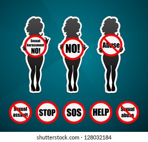 woman silhouette with sigh Abuse, Sexual harassment, sexual assault, sexual abuse and neutral signs: NO sign, Stop sign, Help sign. Vector sign symbols set
