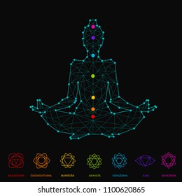 Woman silhouette sitting in lotus pose of yoga with seven chakra points Chakra set on black background