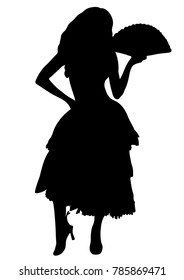 Woman Silhouette, Spanish Dancer, In Traditional Dress With A Fluffy Skirt, With Fan, In High Heel Shoes. Vector Outline Portrait, Black And White Contour Drawing. Isolated On White Background