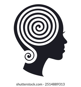 Silueta de mujer con mente en espiral. Perfil Abstractas de la cabeza femenina con un patrón en espiral dentro de la cabeza, que simboliza pensamientos, ideas o la mente humana.