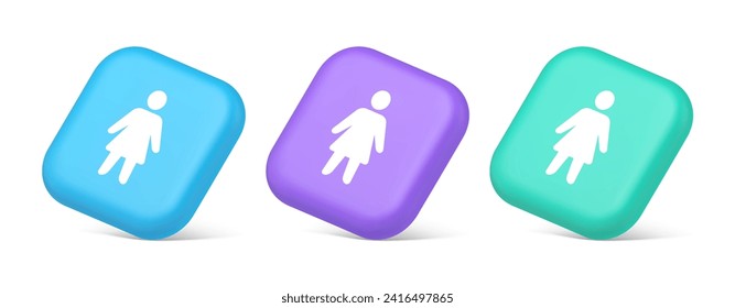 Woman silhouette staff member unrecognizable person button user profile interface 3d realistic blue purple and green icons. Female gender human avatar web application design