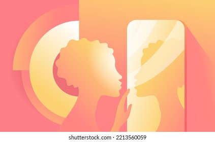 Woman Silhouette Standing And Looking At Her Reflection In A Mirror. Self Confidence And Self Awareness Concept. Abstract Vector Illustration