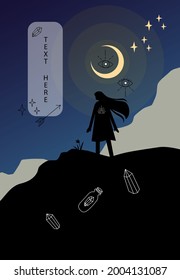 A woman in silhouette standing on the hill in the night under half moon night with stars and cloud and waiting for hope. Vector illustration. 