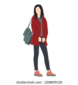Woman silhouette  standing,outerwear, business people, grey and red color, flat icon,  single, isolated on white background