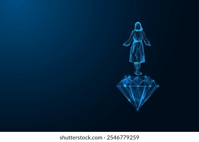 Woman silhouette stands confidently on glowing diamond against dark blue background. Self-esteem, empowerment, and elegance concept. Low polygonal style. Modern abstract design vector illustration.