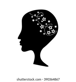 Woman silhouette with stars in head. Vector